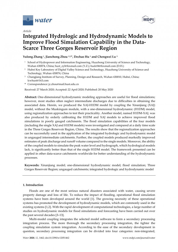 Integrated Hydrologic And Hydrodynamic Models To Improve Flood Simulation Capability In The Data Scarce Three Gorges Reservoir Region Yulong Zhang