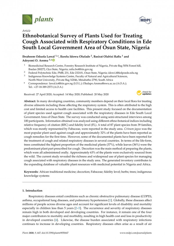 Ethnobotanical Survey Of Plants Used For Treating Cough Associated With Respiratory Conditions In Ede South Local Government Area Of Osun State Nigeria Ibraheem Oduola Lawal
