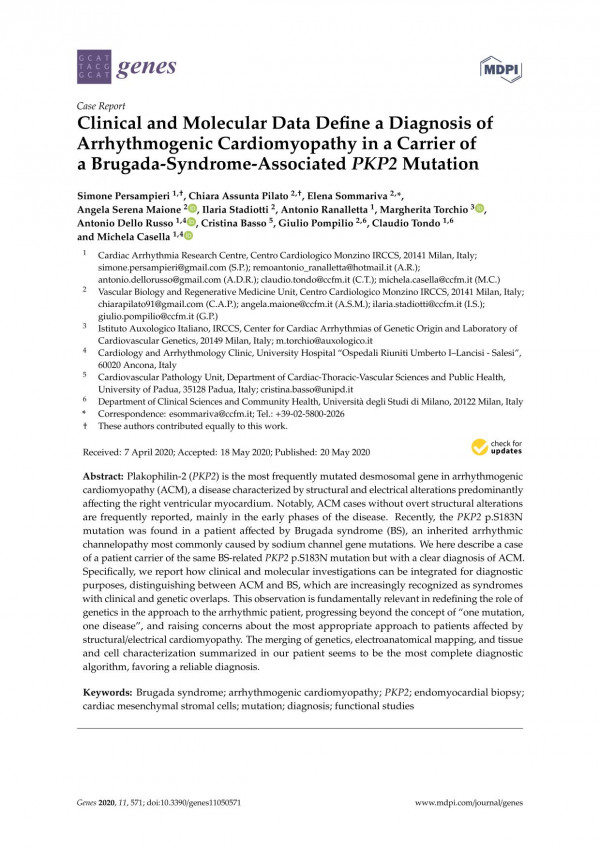 Clinical And Molecular Data Define A Diagnosis Of Arrhythmogenic Cardiomyopathy In A Carrier Of A Brugadasyndromeassociated Pkp2 Mutation Simone Persampieri