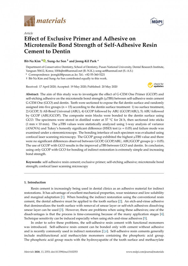Effect Of Exclusive Primer And Adhesive On Microtensile Bond Strength Of Selfadhesive Resin Cement To Dentin Bitna Kim
