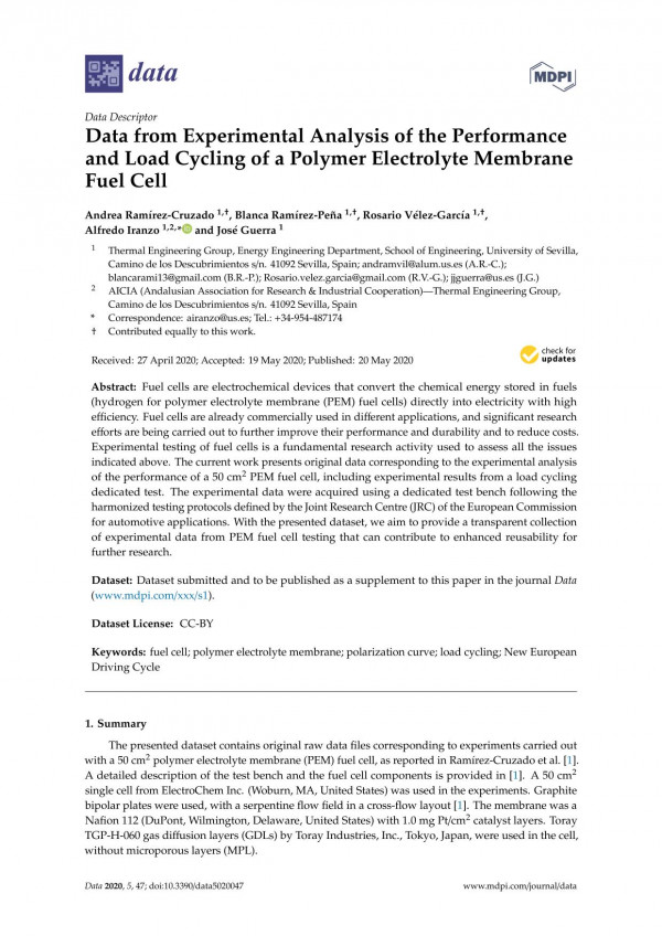 Data From Experimental Analysis Of The Performance And Load Cycling Of A Polymer Electrolyte Membrane Fuel Cell Andrea Ramrezcruzado