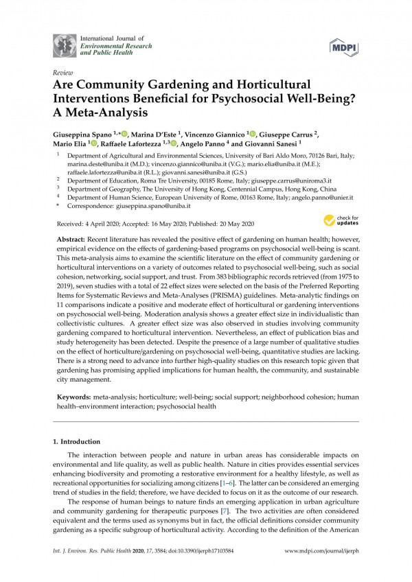 Are Community Gardening And Horticultural Interventions Beneficial For Psychosocial Wellbeing A Metaanalysis Giuseppina Spano