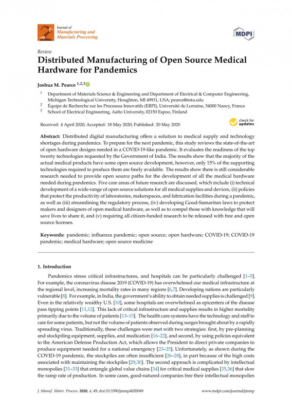 Distributed Manufacturing Of Open Source Medical Hardware For Pandemics Joshua M Pearce