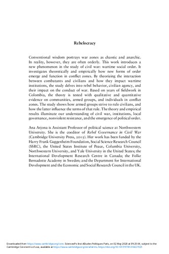 Rebelocracy Social Order In The Colombian Civil War Ana Arjona