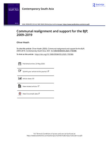 Communal Realignment And Support For The Bjp 20092019 Oliver Heath 2020