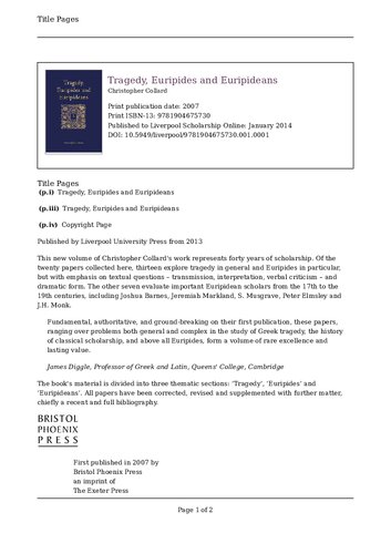 Tragedy Euripides And Euripideans Christopher Collard