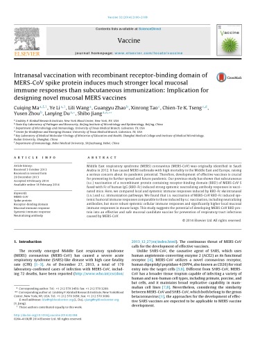 Intranasal Vaccination With Recombinant Receptorbinding Domain Ofmerscov Spike Protein Induces Much Stronger Local Mucosalimmune Responses Than Subcutaneous Immunization Implication Fordesigning Novel Mucosal Mers Vaccines Cuiqing Ma