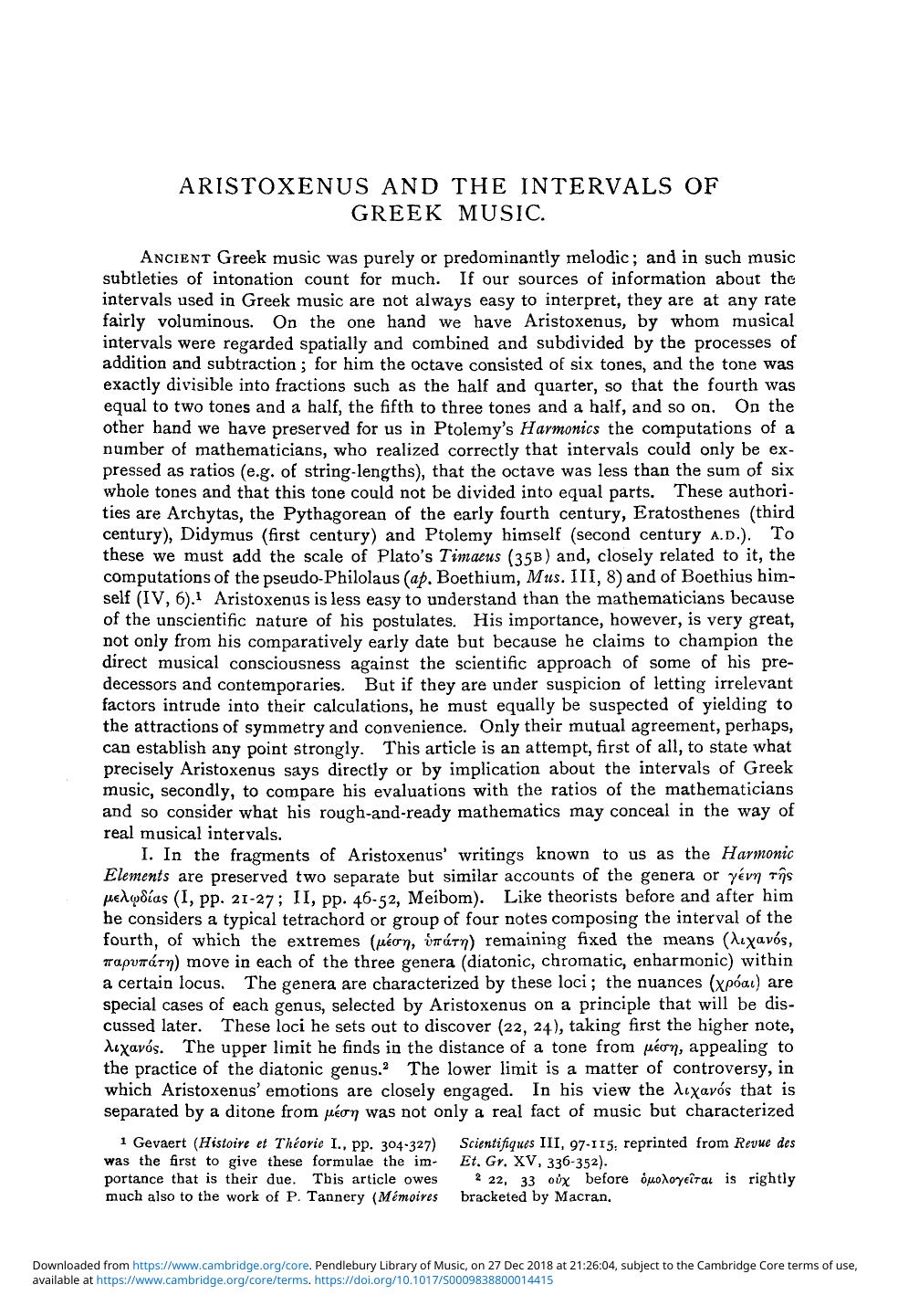 Aristoxenus And The Intervals Of Greek Music R P Winningtoningram