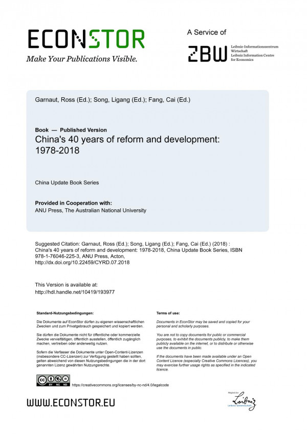 Chinas 40 Years Of Reform And Development 19782018 Ross Garnaut