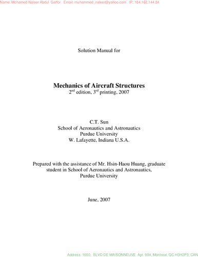 Solution Manual For Mechanics Of Aircraft Structures 2nd Edition Ct Sun Second C T Sun