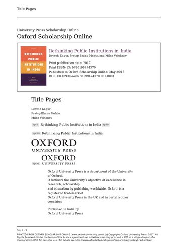 Rethinking Public Institutions In India 1st Edition Devesh Kapur Pratap Bhanu Mehta Milan Vaishnav