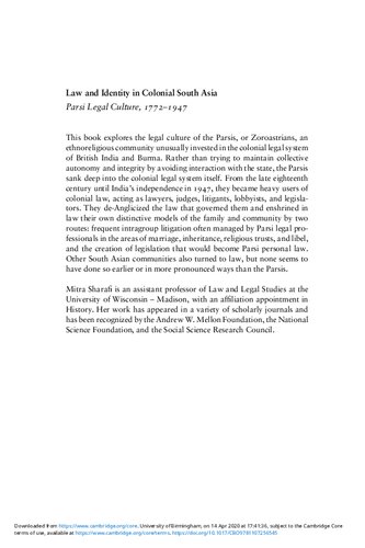 Law And Identity In Colonial South Asia Parsi Legal Culture 17721947 1st Edition Mitra Sharafi