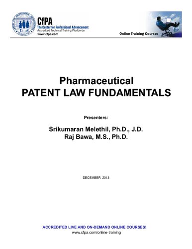Pharmaceutical Patent Law Fundamentals Raj Bawa Srikumaran Melethil