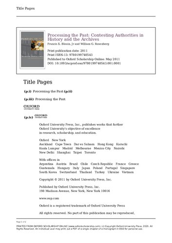 Processing The Past Contesting Authority In History And The Archives Francis X Blouin Jr William G Rosenberg