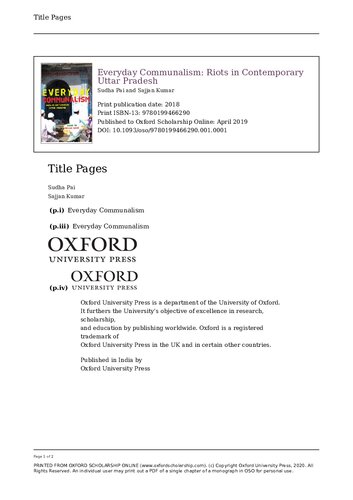 Everyday Communalism Riots In Contemporary Uttar Pradesh 1st Edition Sudha Pai Sajjan Kumar