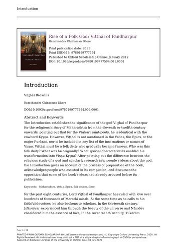 Rise Of A Folk God Vitthal Of Pandharpur Ramchandra Chintaman Dhere