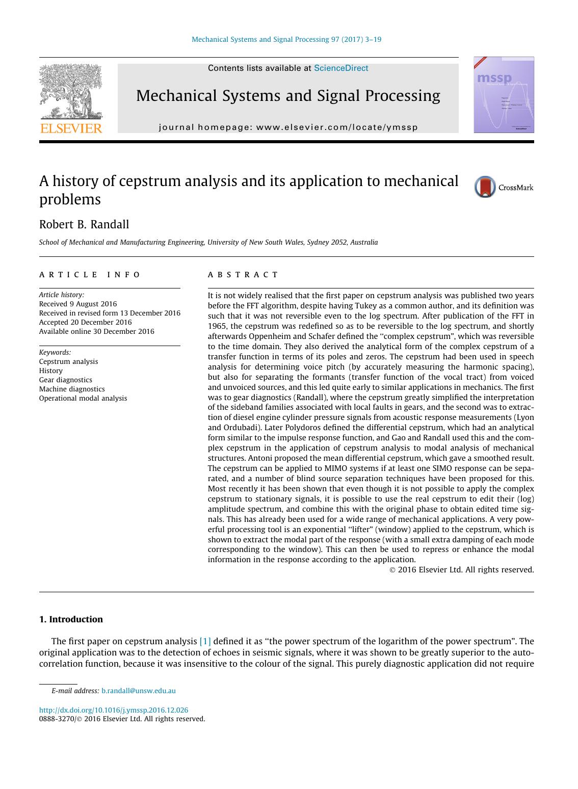 A History Of Cepstrum Analysis And Its Application To Mechanical Problems Robert B Randall