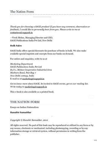 The Nation Form Essays On Indian Nationalism 1st Edition Ranabir Samaddar