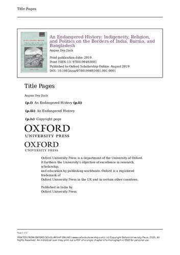 An Endangered History Indigeneity Religion And Politics On The Borders Of India Burma And Bangladesh 1st Edition Angma Dey Jhala