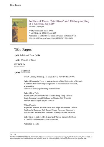 Politics Of Time Primitives And Historywriting In A Colonial Society 1st Edition Prathama Banerjee Protima Banerjee