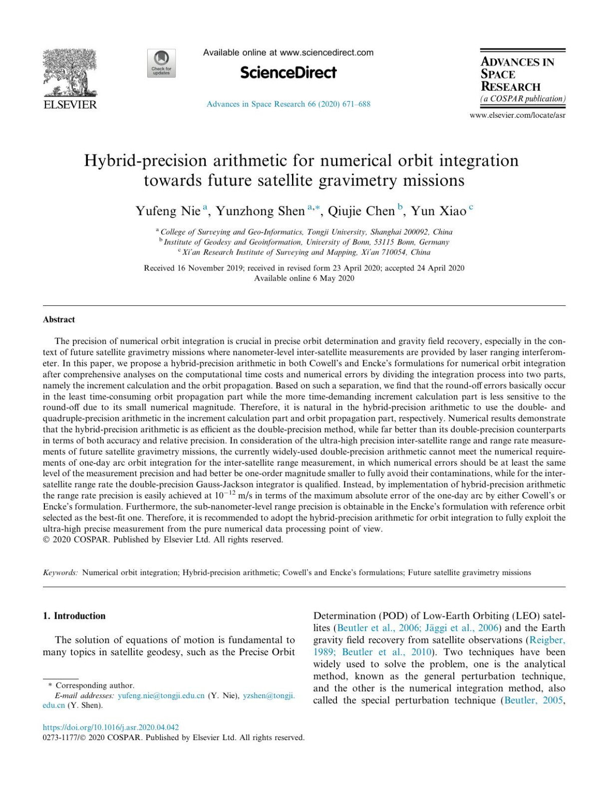 Hybridprecision Arithmetic For Numerical Orbit Integration Towards Future Satellite Gravimetry Missions Yufeng Nie Yunzhong Shen Qiujie Chen Yun Xiao