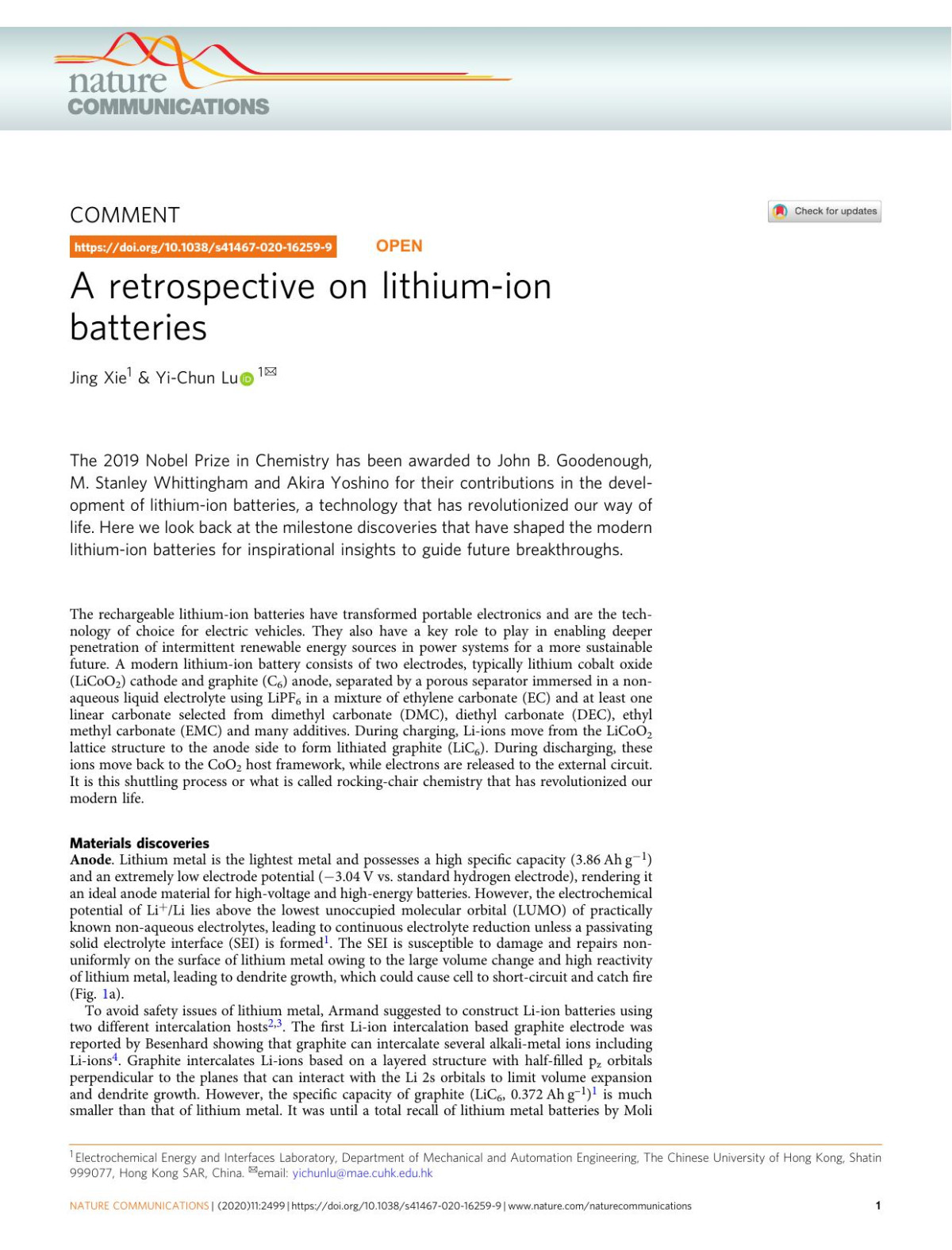 A Retrospective On Lithiumion Batteries Jing Xie Yichun Lu