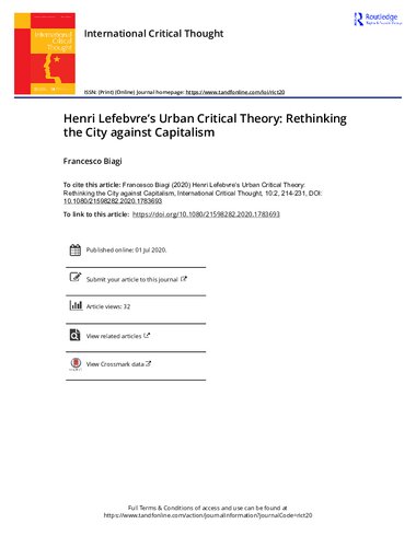 Henri Lefebvres Urban Critical Theory Rethinking The City Against Capitalism 2020th Edition Francesco Biagi