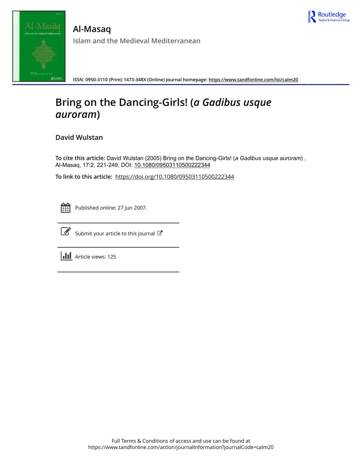 Bring On The Dancinggirls A Gadibus Usque Auroram Almasaq Islam And The Medieval Mediterranean David Wulstan