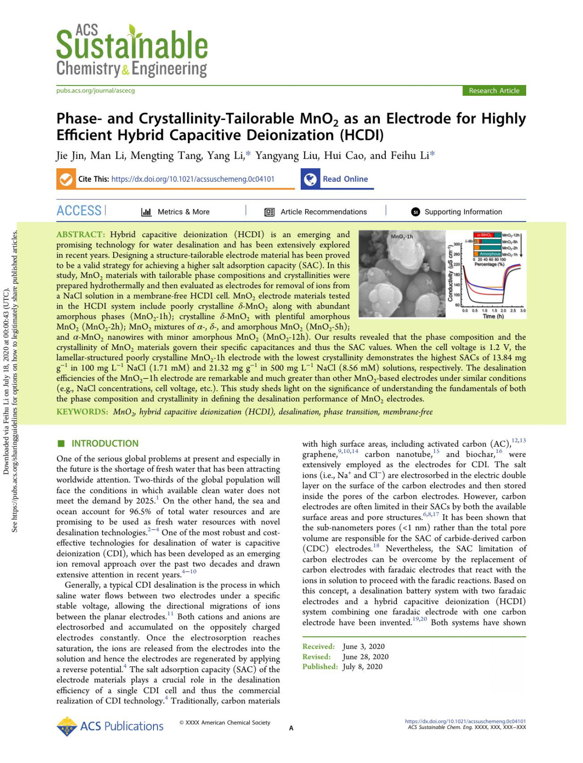 Phase And Crystallinitytailorable Mno2 As An Electrode For Highly Efficient Hybrid Capacitive Deionization Hcdi Jie Jin