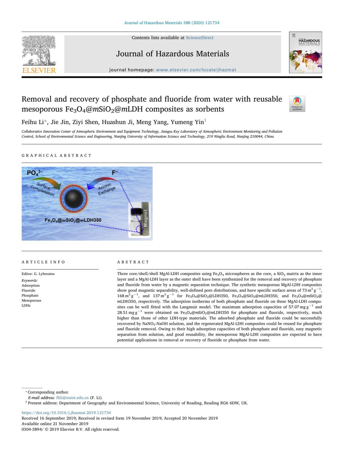 Removal And Recovery Of Phosphate And Fluoride From Water With Reusable Mesoporous Fe3o4msio2mldh Composites As Sorbents Feihu Li Jie Jin Ziyi Shen Huashun Ji Meng Yang Yumeng Yin