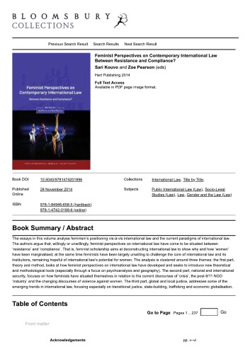 Feminist Perspectives On Contemporary International Law Between Resistance And Compliance Dr Sari Kouvo And Dr Zoe Pearson