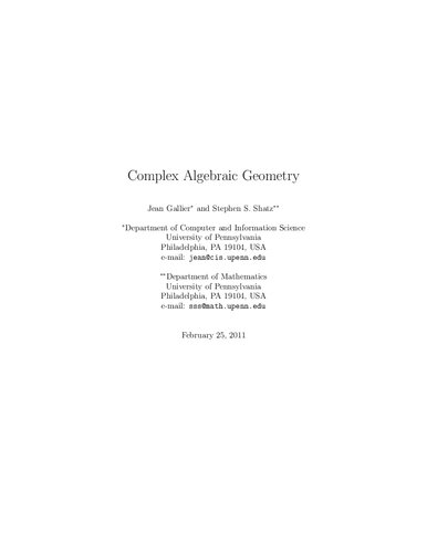 Complex Algebraic Geometry Gallier J Shatz S