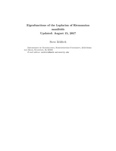 Eigenfunctions Of The Laplacian Of Riemannian Manifolds Zelditch S