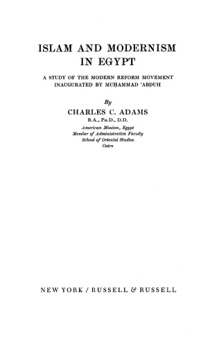 Islam And Modernism In Egypt Adams Charles Clarencemuammad Abduh