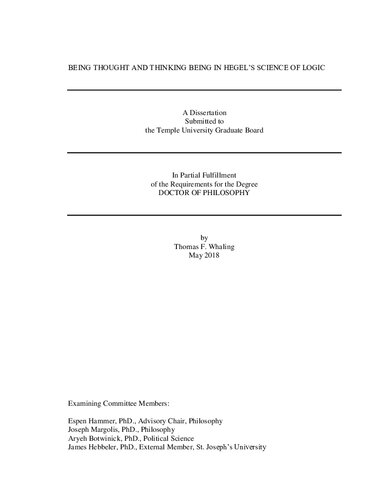 Being Thought And Thinking Being In Hegels Science Of Logic Thomas F Whaling