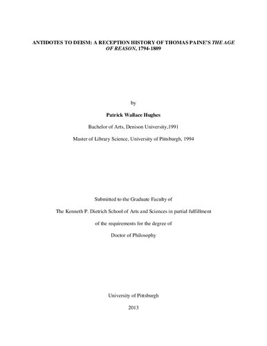 Dissertation Antidotes To Deism A Reception History Of Thomas Paines The Age Of Reason 17941809 Patrick Wallace Hughes