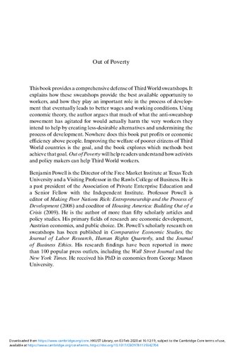 Out Of Poverty Sweatshops In The Global Economy Benjamin Powell