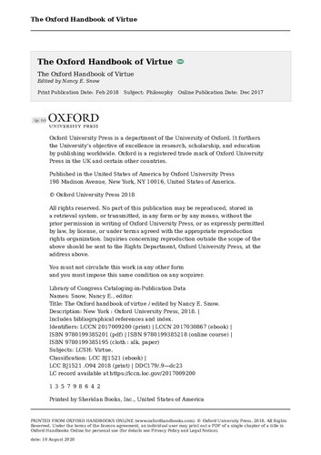 The Oxford Handbook Of Virtue Nancy E Snow Editor