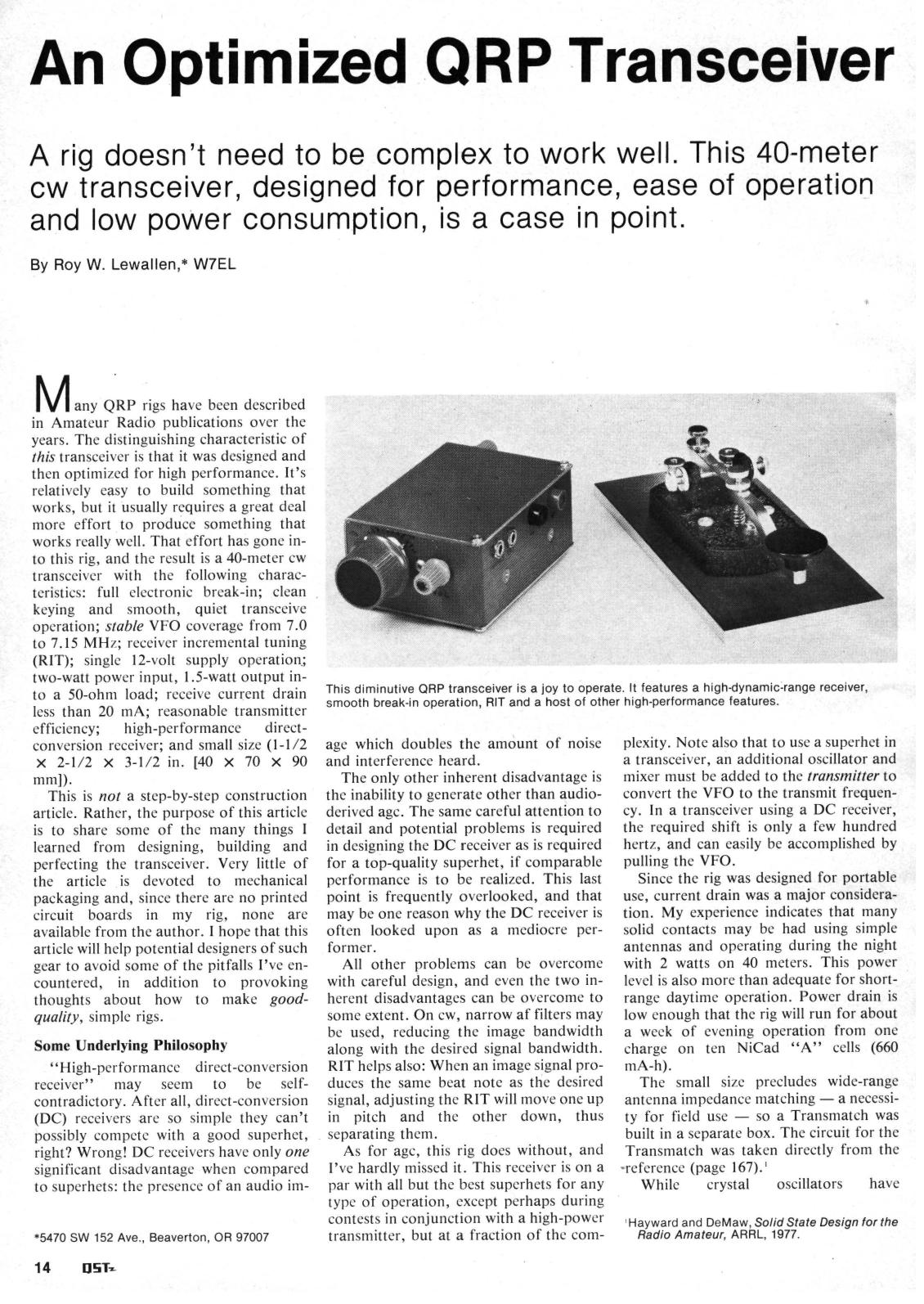 An Optimized Qrp Transceiver Roy W Lewallen