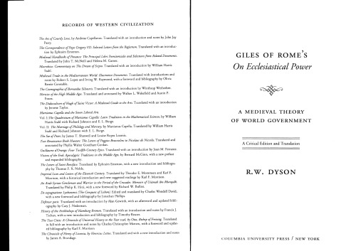 Giles Of Romes On Ecclesiastical Power A Medieval Theory Of World Government R W Dyson