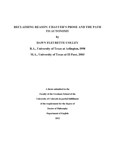 Reclaiming Reason Chaucers Prose And The Path To Autonomy Dawn Fleurette Colley