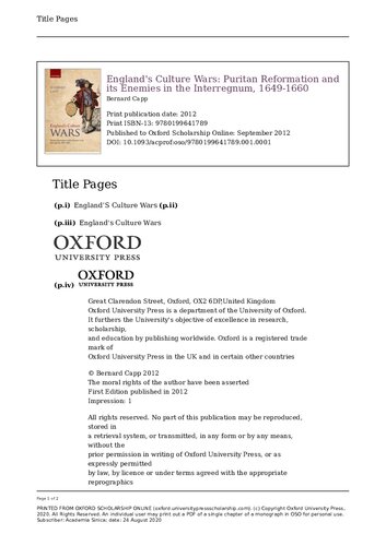 Englands Culture Wars Puritan Reformation And Its Enemies In The Interregnum 16491660 1st Edition Bernard Capp