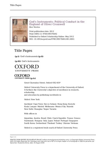 Gods Instruments Political Conduct In The England Of Oliver Cromwell Blair Worden