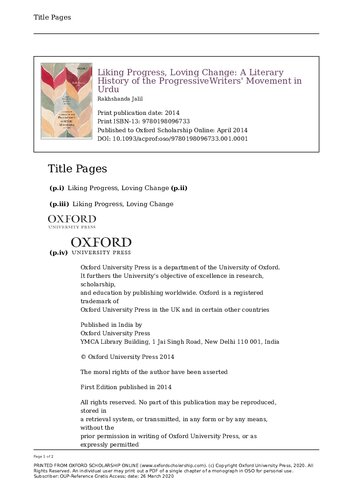 Liking Progress Loving Change A Literary History Of The Progressive Writers Movement In Urdu Rakhshanda Jalil
