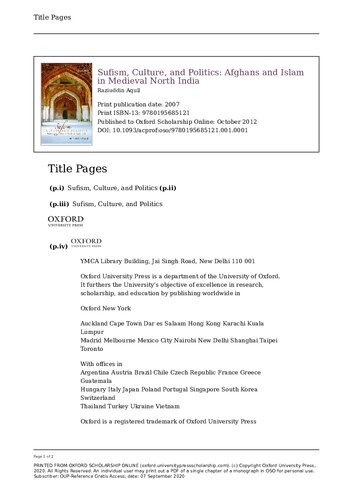 Sufism Culture And Politics Afghans And Islam In Medieval North India 2 Impr Raziuddin Aquil
