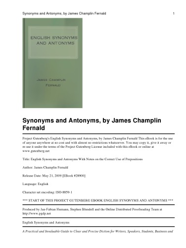English Synonyms And Antonyms With Notes On The Correct Use Of Prepositions Fernald