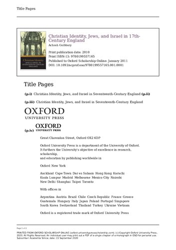 Christian Identity Jews And Israel In 17thcentury England Illustrated Achsah Guibbory