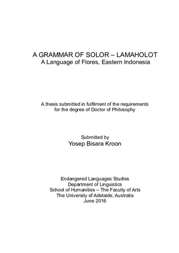 A Grammar Of Solorlamaholot A Language Of Flores Eastern Indonesia Yosep Bisara Kroon