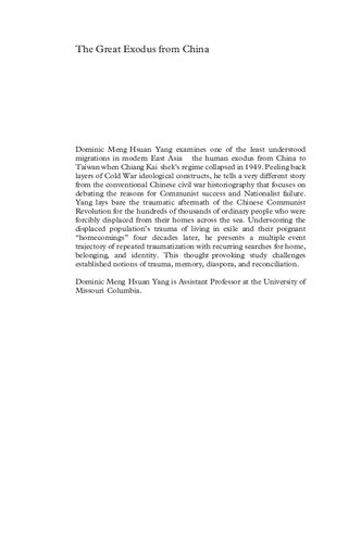 The Great Exodus From China Trauma Memory And Identity In Modern Taiwan Dominic Meng Yang
