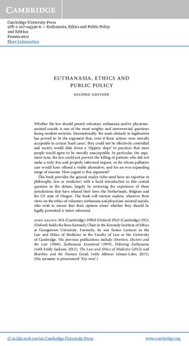 Euthanasia Ethics And Public Policy An Argument Against Legalisation Cambridge Bioethics And Law 2nd Edition John Keown